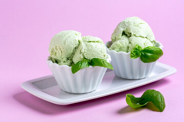 Artisanal ice cream (sundae) with basil.