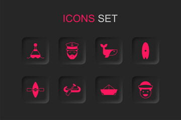 Set Kayak and paddle, Captain of ship, Floating buoy, Folded paper boat, Surfboard, Sailor, Whale and icon. Vector