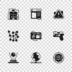 Set Global technology, Futuristic weapon, Cryptocurrency coin Bitcoin, Motherboard, Exclamation mark triangle, sliding doors, Browser window and Neural network icon. Vector