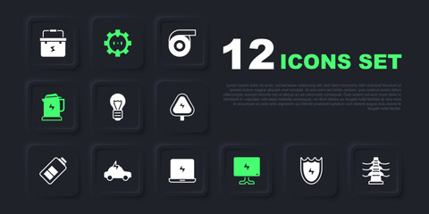 Set Lightning and shield, Electric tower line, Creative lamp light idea, Smart Tv, kettle, car, Electrical outlet and Laptop icon. Vector