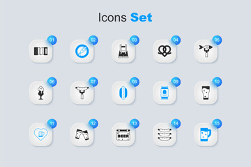 Set Sausage, on the fork, Dried fish, Heart with glass of beer, Glass, Accordion and Hotdog sandwich icon. Vector