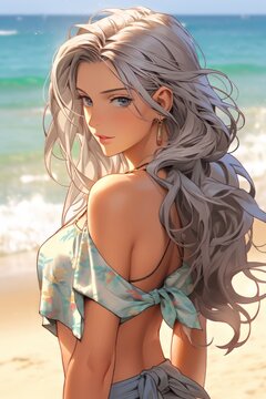Beautiful middle aged grey haired woman in bikini at beach generative ai