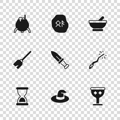 Set Witch hat, Magic wand, Medieval goblet, Dagger, cauldron, runes and Witches broom icon. Vector