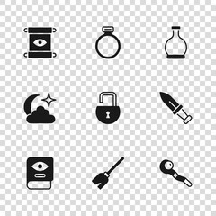 Set Witches broom, Dagger, Magic staff, Open padlock, Bottle with potion, scroll, stone ring and Moon and stars icon. Vector