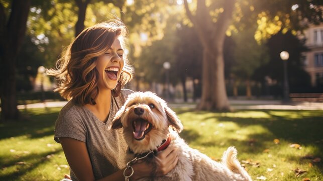 A Beautiful Woman Laughing While Her Pet Is Licking Her Face In A Sunny Day In The Park In Madrid. The Dog Is On Its Owner Between Her Hands. Family Dog Outdoor Lifestyle