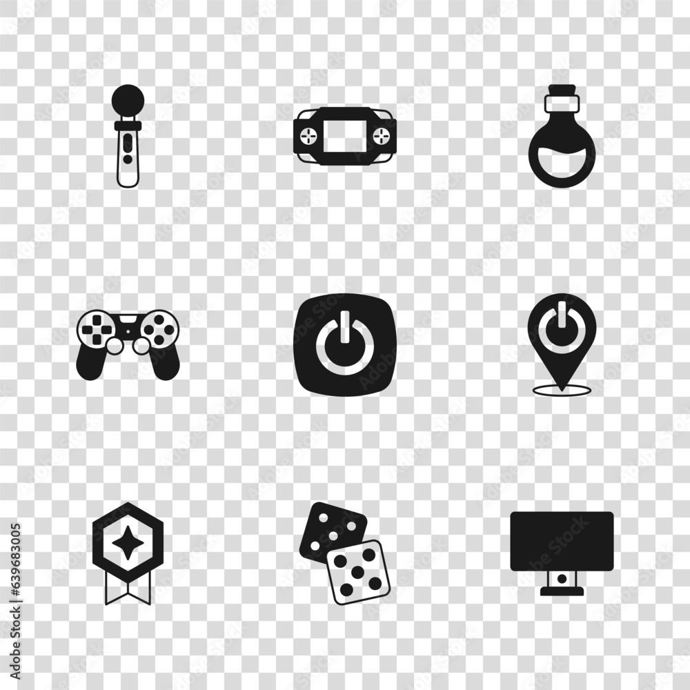 Poster set game dice, power button, computer monitor, bottle with magic elixir, vr controller game, portabl