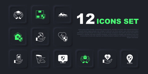 Set Life insurance in hand, Location shield, Umbrella, House, with, Tornado, Delivery security and icon. Vector