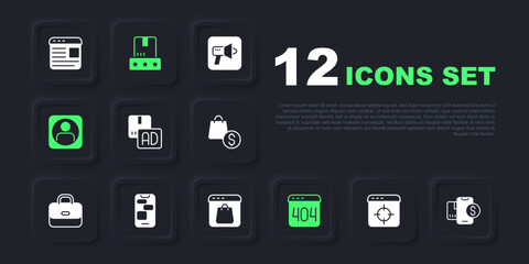 Set Target financial goal, Mobile with dollar, Advertising, Page 404 error, Create account screen, 24 hours support, Consumer product rating and Online shopping icon. Vector