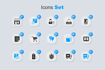 Set Delivery cargo truck, Shopping cart, Cardboard box with discount, free symbol, Free delivery service, Barcode, Market store and Discount percent tag icon. Vector