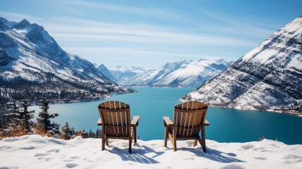 A pair of wooden chairs overlooking Waterton Lakes National Park Canada during the winter with a glacier lake