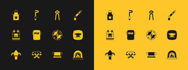 Set Welding torch, Crossed hammer, Round shield, Blacksmith anvil tool, mask, pliers, apron and Fire poker icon. Vector