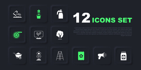 Set Garden hose, Pack full of seeds, Leaf, Flower, in pot and Wooden staircase icon. Vector