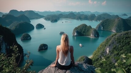 A young traveler girl sit on the top of mountain in Halong bay and enjoy the beauty of seascape. Young girl love wild life, travel, freedom - obrazy, fototapety, plakaty