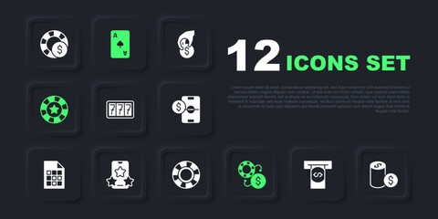 Set Automated teller machine and money, Casino chip with dollar, Slot jackpot, chips exchange, Online sports betting, Playing card spades symbol and icon. Vector