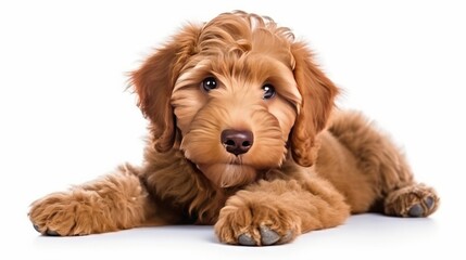 Fototapeta premium Adorable red / abricot Labradoodle dog puppy, laying down side ways, looking towards camera with shiny dark eyes. Isolated on white background. Mouth open showing pink tongue
