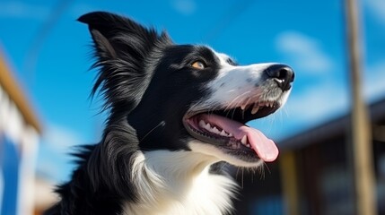 Adorable portrait of amazing healthy and happy adult black and white border collie in the photo studio on the blue background
