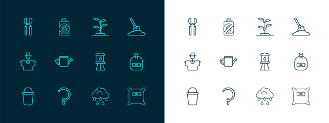 Set line Shovel in the ground, Sickle, Water tower, Cloud with rain, Watering can, Sprout, Gardening scissors and Spray against insects icon. Vector