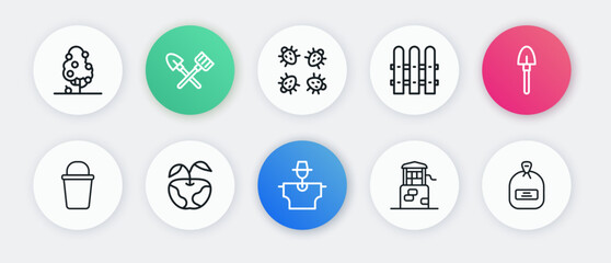 Set line Scarecrow, Shovel, Bucket, Well, Garden fence wooden, Colorado beetle, Pack full of seeds and Apple icon. Vector