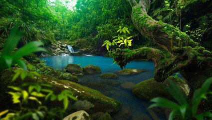 Blue river tropical rainforest in Central America