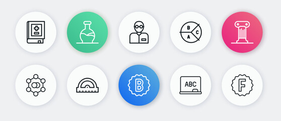 Set line Exam paper with incorrect answers, Law pillar, Molecule, Chalkboard, Pie chart infographic, Teacher, and Protractor grid icon. Vector