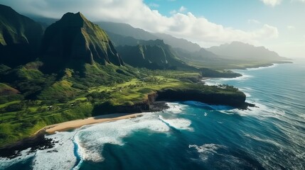 Aerial view of a coastal travel destination in Hawaii, a rugged coastline with green cliffs and tranquil waters in Kauai. View of the beautiful coastline in Ne Pali State Park