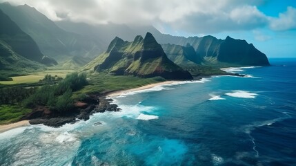 Aerial view of a coastal travel destination in Hawaii, a rugged coastline with green cliffs and tranquil waters in Kauai. View of the beautiful coastline in Ne Pali State Park - obrazy, fototapety, plakaty