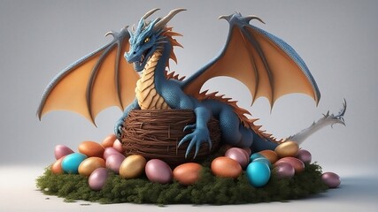 Young dragon protecting nest, surrounded by colorful eggs