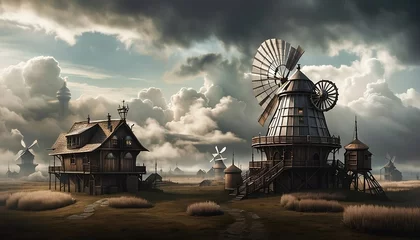 Foto op Plexiglas steampunk windmill in the evening solar and wind powered farm © Jared