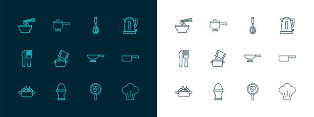 Set line Electric kettle, Chicken egg on a stand, Frying pan fire, Fried eggs frying, Cooking pot spice, Kitchen whisk, Asian noodles bowl and icon. Vector