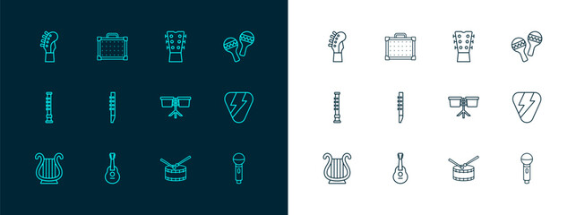 Set line Maracas, Guitar, Bongo drum, Drum with sticks, Flute, neck, and amplifier icon. Vector