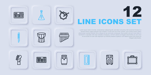 Set line Stereo speaker, Guitar amplifier, African darbuka drum, Harmonica, Flute, Music synthesizer, Balalaika and Conga drums icon. Vector