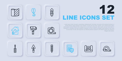 Set line House plan, Roulette construction, Paint roller brush, Security keypad access panel, with wrench spanner, Trowel, Crane hook and Pencil eraser icon. Vector