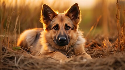 Amazing portrait of young crossbreed dog (german shepherd) during sunset in grass
