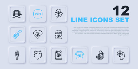 Set line Glass of beer, Head with clover trefoil leaf, Heart, Pot gold coins, Clover tag, Mustache and beard, and Saint Patricks day calendar icon. Vector