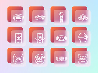 Set line 360 degree view, Virtual reality glasses, 3d modeling, VR controller game, and Gamepad icon. Vector