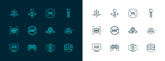 Set line VR controller game, Gamepad, 3d modeling, Big brother electronic eye, 360 degree view, Virtual reality, and icon. Vector