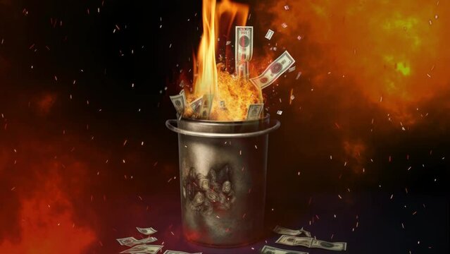 Dramatic image of burning US dollars in a trash can, hand adding more bills to the flames. Perfect visual metaphor for potential decline of dollar's dominance, ideal for BRICS currency discussion    