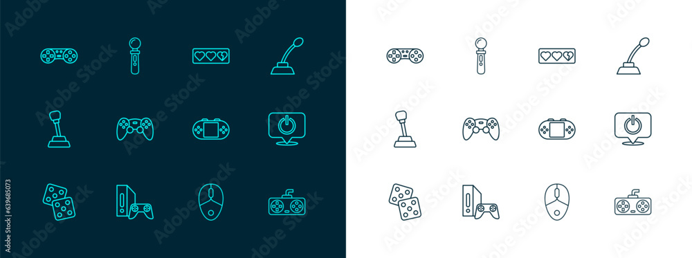 Poster set line microphone, game console with joystick, portable video game, computer mouse, controller, li