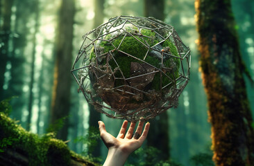 Amidst the forest, a hand holds a green globe aloft, symbolizing a harmonious connection between humanity and the natural world.