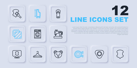 Set line Sewing chalk, Leather, Washer, Layers clothing textile, Hanger wardrobe, pattern and Teddy bear plush toy icon. Vector