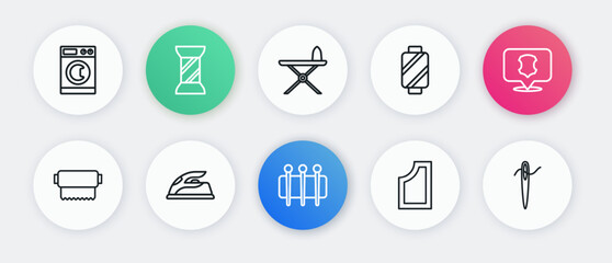 Set line Needle for sewing, Leather, Textile fabric roll, Sewing pattern, thread on spool, Electric iron and ironing board, with and icon. Vector