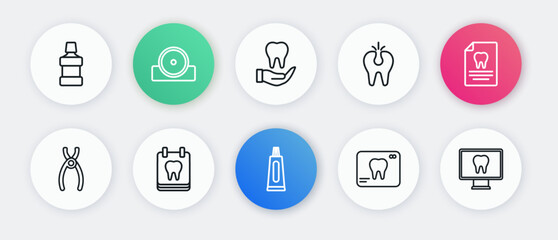 Set line Tube of toothpaste, Clipboard with dental card, Dental pliers, X-ray, Broken, Tooth, Online care and Calendar icon. Vector