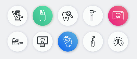 Set line Toothache, X-ray of tooth, Toothbrush with toothpaste, Electric toothbrush, drill, Broken, Dental plate and Online dental care icon. Vector