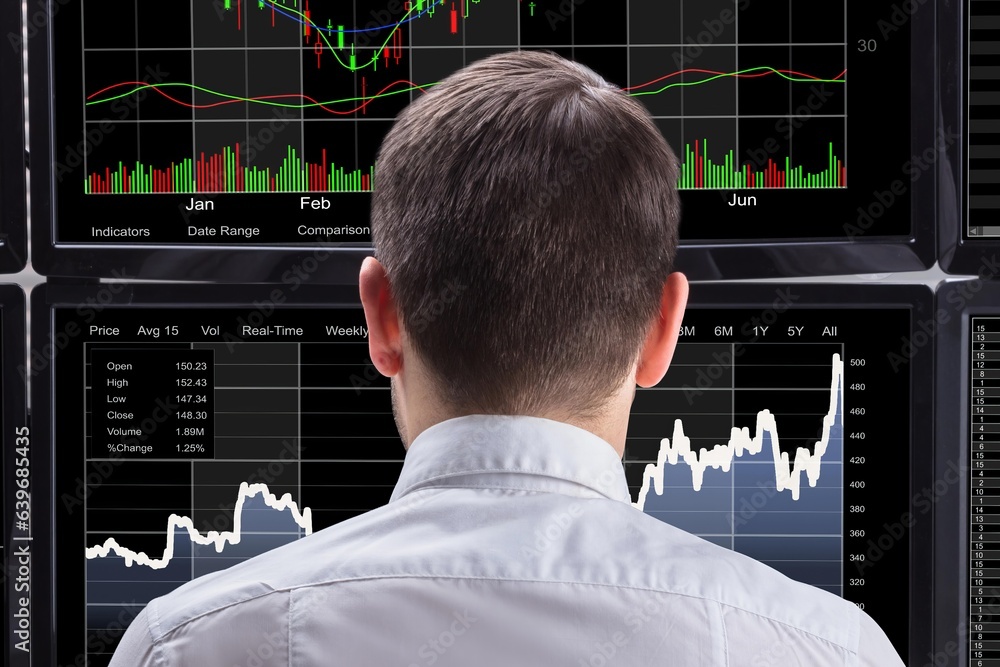 Poster stock market broker analyzing graphs on computer screens