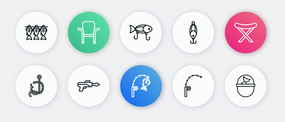 Set line Fishing rod and fish, Camping folding chair, hook worm, lure, bucket with and harpoon icon. Vector