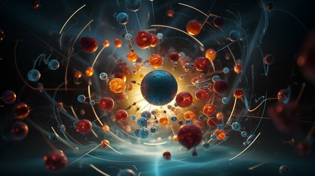 Science fiction illustrations of the atom, quantum physics.