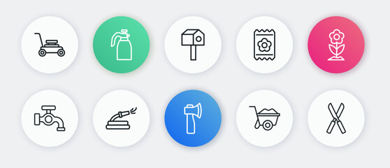 Set line Wooden axe, Flower, Water tap, Wheelbarrow, Pack full of seeds, Bird house, Gardening scissors and hose icon. Vector