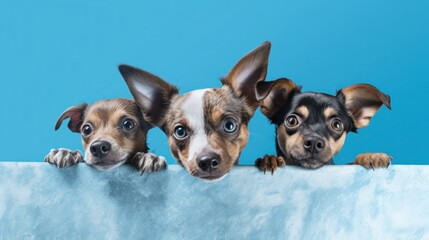 Banner Close-up three hide dogs head. Isolated on blue background