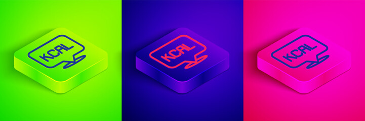Isometric line Kcal icon isolated on isolated on green, blue and pink background. Health food. Square button. Vector
