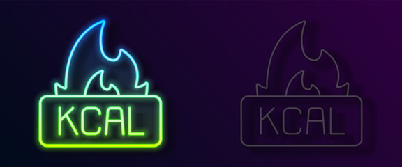 Glowing neon line Kcal icon isolated on isolated on black background. Health food. Vector